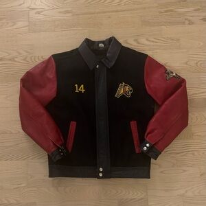 Men's Black and Red Varsity Jacket with Number 14